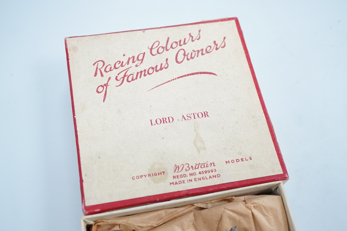Two boxed Britains Racing Colours of Famous Owners series lead mounted figures; Lord Astor - rider in blue jersey with a pink sash on a grey horse (one leg broken and missing), and. the Duke of Norfolk - rider in blue je